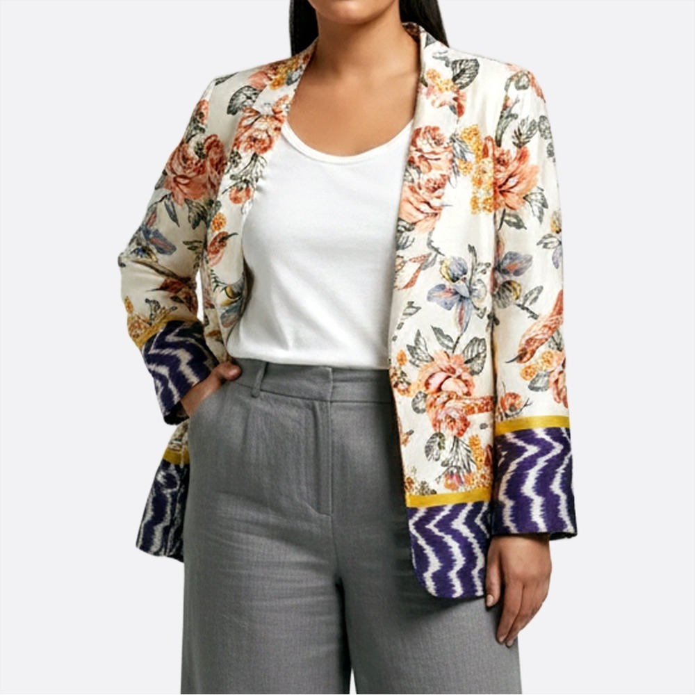 Zara Luxe Floral Bird Satin Blazer with Ikat Border Chic Statement‎ Piece 0X L